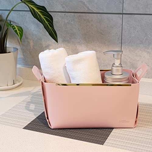 Foldable Storage Bins for Table and Desktop, Fancy Indoor Decorative Leatheroid Storage Basket Tray Collapsible Ideal for Keys Remote Cellphone Notes DVD, Pink