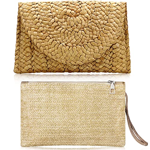 Saintrygo 2 Pcs Straw Clutch Purse Summer Beach Bags Women's Woven Clutch Handbags Boho Wallet Clutch Zipper Straw Wristlet Purse Bohemian Envelope Clutch Bag