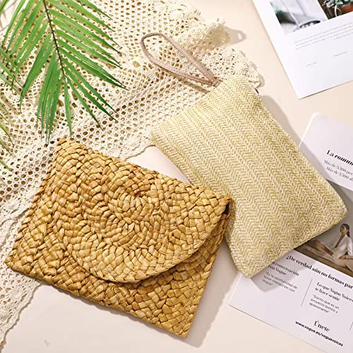 Saintrygo 2 Pcs Straw Clutch Purse Summer Beach Bags Women's Woven Clutch Handbags Boho Wallet Clutch Zipper Straw Wristlet Purse Bohemian Envelope Clutch Bag