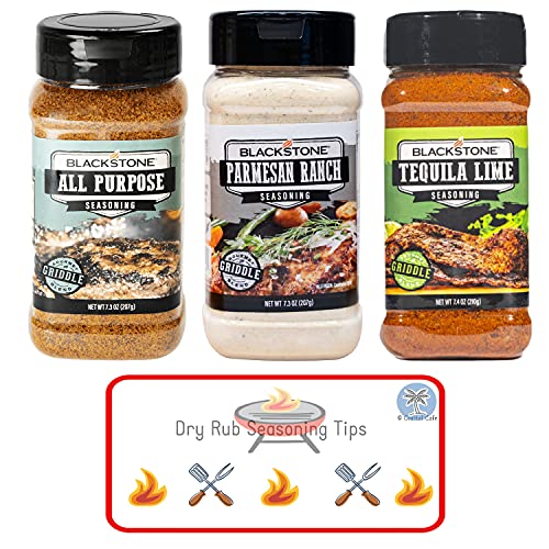 BBQ Seasonings and Rub Bundle - Blackstone All Purpose Seasoning 7.3 oz, Parmesan Ranch 7.3 oz, and Tequila Lime 7.4 oz with Coastal Cafe Dry Rub Tip Sheet (All Purpose/Parmesan Ranch/Tequila Lime)