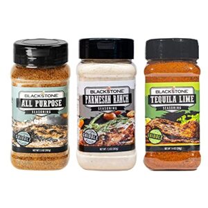 BBQ Seasonings and Rub Bundle - Blackstone All Purpose Seasoning 7.3 oz, Parmesan Ranch 7.3 oz, and Tequila Lime 7.4 oz with Coastal Cafe Dry Rub Tip Sheet (All Purpose/Parmesan Ranch/Tequila Lime)