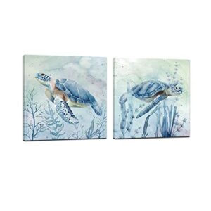 zessonic sea turtle wall-art for bathroom decor – 2 panel set of 12 x 12 inch teal sea turtle with seagrass prints