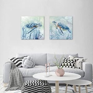 Zessonic Sea Turtle Wall-Art for Bathroom Decor - 2 Panel Set of 12 x 12 Inch Teal Sea Turtle with Seagrass Prints