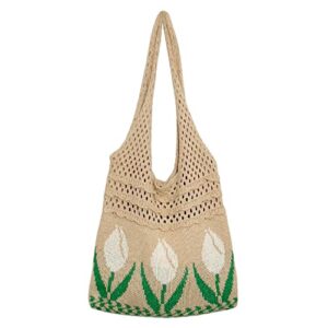 fukzte women’s shoulder handbags trendy flower knitted shoulder bags mesh hollow cute tote bag,05 style