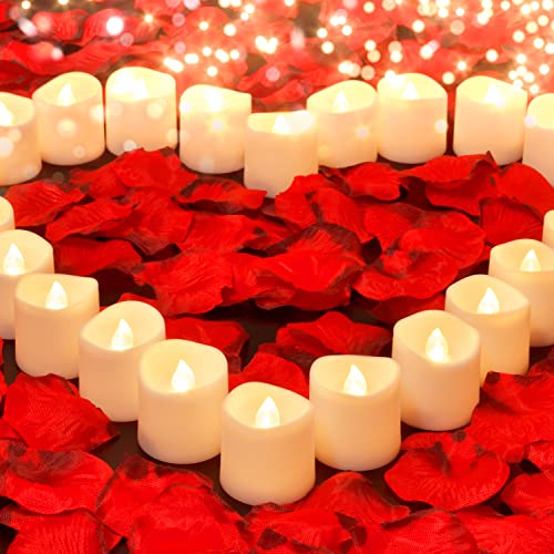 Homemory 500PCS Artificial Rose Petals with 24Pack Flameless Led Votive Tealight Candles for Romantic Night, Valentine's Day, Anniversary Decor