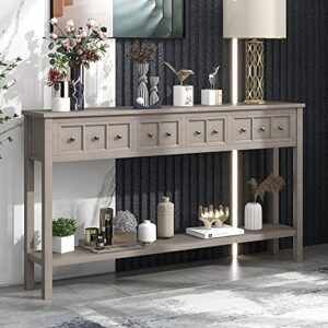 p purlove rustic entryway console table, sofa tables narrow long 60 inch with two different size drawers and 1 shelf, wood 2 tiers console sofa table, for living room hallway bedroom, gray wash