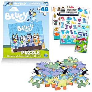 bluey premier 48 pc puzzle set for kids – bluey party supplies bundle with 1 bluey puzzle, crenstone puppy stickers, and more (bluey games and activities) styles may vary, bluey party favors