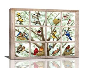 rustic birds wall art hummingbirds on branch pictures wall decor window view colorful birds print painting farmhouse artwork for kitchen bedroom living room framed ready to hang 12″x16″