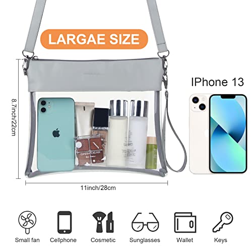 ZOEGATE Clear Bag Crossbody Purse Bag Stadium Approved Clear Concert Purse Shoulder Bag Tote Bag with 5 Cool Stickers (Grey)