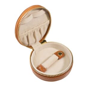decorebay everyday genuine cow leather zip around mini travel jewelry box organizer with zipper closure (saddle brown)