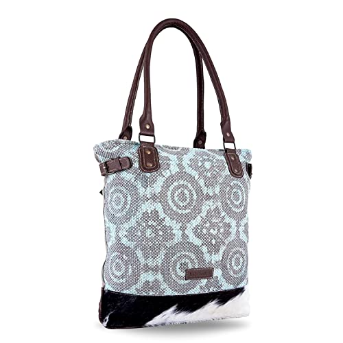 Tote Bags for Women by Sixtease - Large Tote Bag with Zipper Top - Genuine Leather Strap, Upcycled Canvas, Rug, Hair On and Hardware Accents - Vintage Style Hand Stitched - Tatum