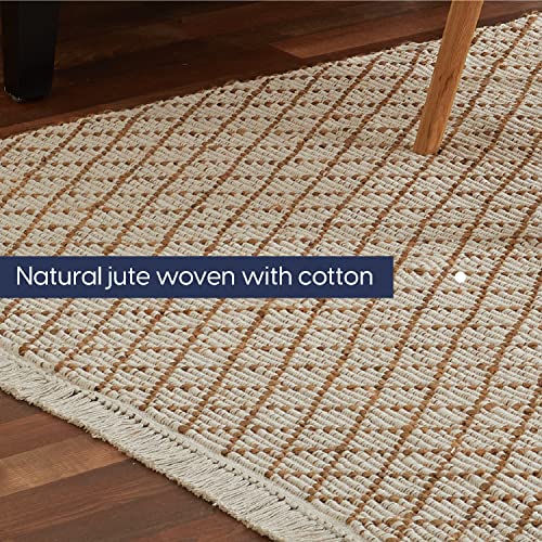 Pebble & Crane - Exeter Rug - Woven Throw Rug - Jute and Cotton - Area Rug for Kitchen, Living Room, Bedroom, and More - Solid Trim - 27” x 45” - Natural and Beige