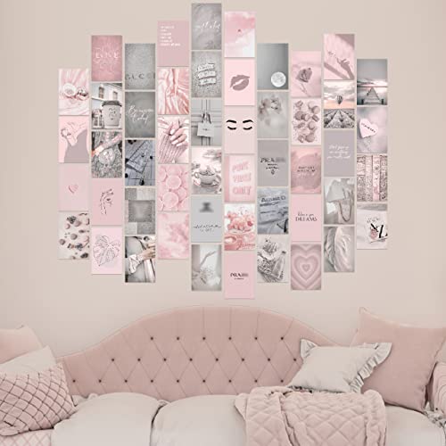 KONGSY Pink Wall Collage Kit (50pcs, 4x6inch) - Pink & Grey Room Decor for Girls, Wall Decor for Bedroom, Dorm