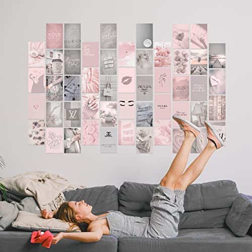 KONGSY Pink Wall Collage Kit (50pcs, 4x6inch) - Pink & Grey Room Decor for Girls, Wall Decor for Bedroom, Dorm