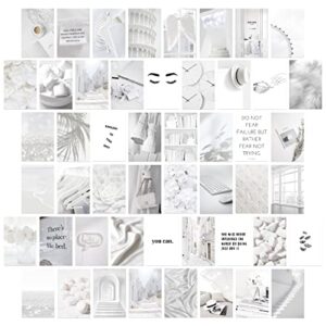 white photo collage kit for wall aesthetic | minimalist white and grey wall posters for teen girl dorm room decor | 50 set 4×6 inch