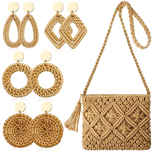 Straw Shoulder Bag Set Beach Clutch Purse Crossbody Vacation Purse Summer Clutch Purses Crossbody Shoulder Handbag Bag with 4 Pairs Earrings Rattan Boho Earrings for Women Girl