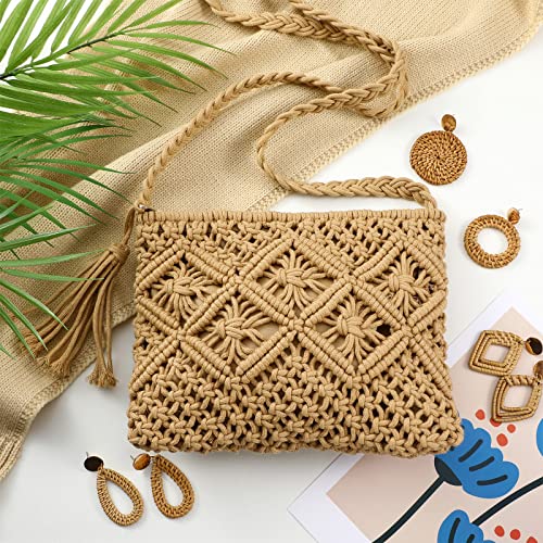 Straw Shoulder Bag Set Beach Clutch Purse Crossbody Vacation Purse Summer Clutch Purses Crossbody Shoulder Handbag Bag with 4 Pairs Earrings Rattan Boho Earrings for Women Girl