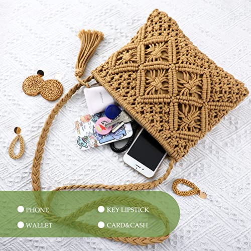 Straw Shoulder Bag Set Beach Clutch Purse Crossbody Vacation Purse Summer Clutch Purses Crossbody Shoulder Handbag Bag with 4 Pairs Earrings Rattan Boho Earrings for Women Girl