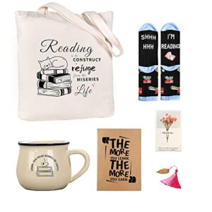 book lovers gifts for women, teacher appreciation gifts, christmas gifts- includes a canvas tote bag, personal mug, bookmark, reading notebook, funny socks and a lovely greeting card (6 pieces) … …