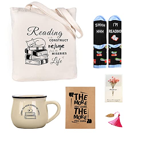 Book Lovers Gifts For Women, Teacher Appreciation Gifts, Christmas Gifts- Includes a Canvas Tote Bag, Personal Mug, Bookmark, Reading Notebook, Funny Socks and a Lovely Greeting Card (6 pieces) … …