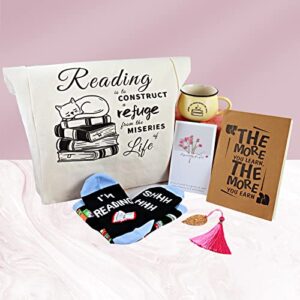 Book Lovers Gifts For Women, Teacher Appreciation Gifts, Christmas Gifts- Includes a Canvas Tote Bag, Personal Mug, Bookmark, Reading Notebook, Funny Socks and a Lovely Greeting Card (6 pieces) … …