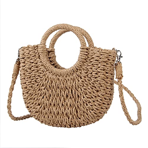 KUANG! Women Straw Beach Tote Handbag Hobo Round Handle Summer Handwoven Bags Small Purse with Strap