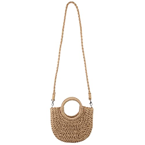 KUANG! Women Straw Beach Tote Handbag Hobo Round Handle Summer Handwoven Bags Small Purse with Strap