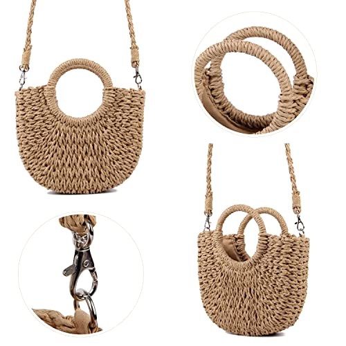 KUANG! Women Straw Beach Tote Handbag Hobo Round Handle Summer Handwoven Bags Small Purse with Strap