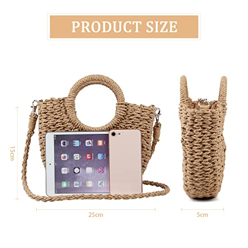 KUANG! Women Straw Beach Tote Handbag Hobo Round Handle Summer Handwoven Bags Small Purse with Strap