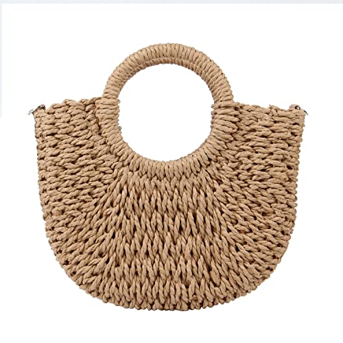 KUANG! Women Straw Beach Tote Handbag Hobo Round Handle Summer Handwoven Bags Small Purse with Strap