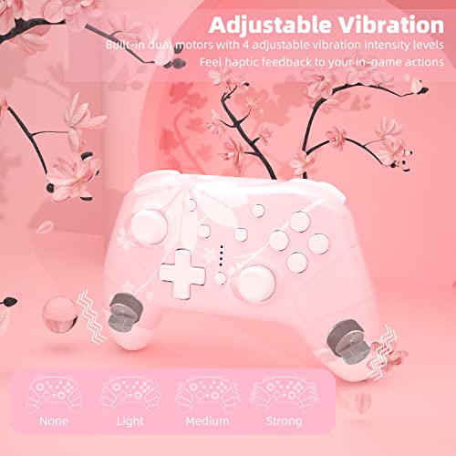 Mytrix Updated Wireless Pro Controllers for Nintendo Switch, Windows PC iOS Android Steam/Steam Deck, Sakura Pink Bluetooth Controller with Programmable, Wake-Up, Headphone Jack, Auto-Fire Turbo, Motion, Vibration