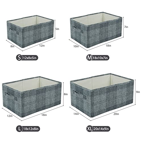 ANMINY 2PCS Storage Bins Set Foldable Cotton Linen Open Storage Baskets Box with Handles Washable PP Plastic Board Plaid Pattern Decorative Nursery Baby Kid Clothes Laundry Organizer - Gray, Medium