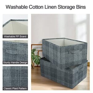 ANMINY 2PCS Storage Bins Set Foldable Cotton Linen Open Storage Baskets Box with Handles Washable PP Plastic Board Plaid Pattern Decorative Nursery Baby Kid Clothes Laundry Organizer - Gray, Medium