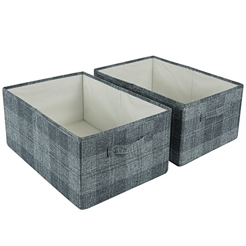 ANMINY 2PCS Storage Bins Set Foldable Cotton Linen Open Storage Baskets Box with Handles Washable PP Plastic Board Plaid Pattern Decorative Nursery Baby Kid Clothes Laundry Organizer - Gray, Medium