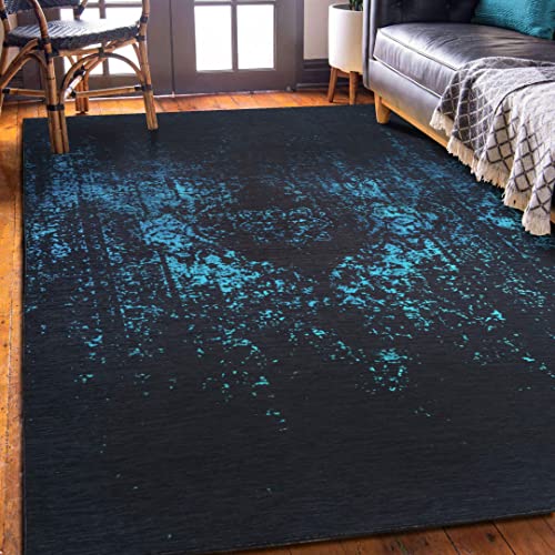 Vernal Machine Washable Non Slip Area Rug for Living Room, Bedroom, Dining Room Pet Friendly High Traffic Non-Shedding Rugs Vallejo Persian Design Carpets 4 X 6 Feet Black/Blue