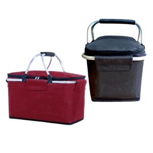 2 pack collapsible insulated picnic basket cooler with handle & zipper, h.lanlx reusable large cooler bag for travel shopping camping. black & red 20l