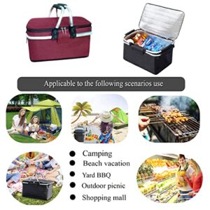 2 Pack Collapsible Insulated Picnic Basket Cooler with Handle & Zipper, H.lanlx Reusable Large Cooler Bag for Travel Shopping Camping. Black & Red 20L