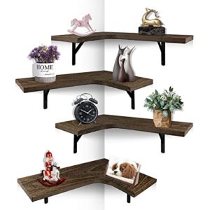 dadill floating shelves, wooden wall mounted shelf, rustic corner storage shelves for bathroom, bedroom, living room, office, set of 4, carbonized brown