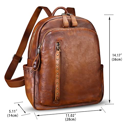 Genuine Leather Backpack Purse for Women Vintage Casual Daypack College Bag Handmade Cowhide Western Rivets Rucksack (Brown)