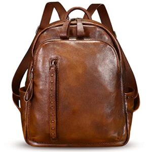 Genuine Leather Backpack Purse for Women Vintage Casual Daypack College Bag Handmade Cowhide Western Rivets Rucksack (Brown)