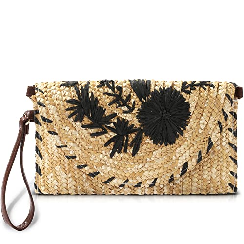 sealsea Straw Clutch Bags for Women Woven Straw Purses Embroidery Summer Beach Handbag Beach Clutch Purse