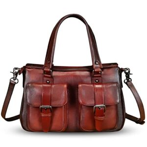 genuine leather satchel purse for women retro cowhide handmade top handle shoulder handbag designer crossbody bag purse (red)