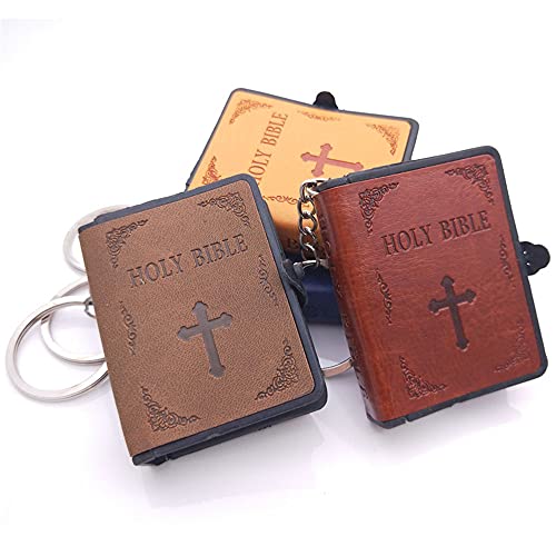 ORNOOU 8 Pieces Holy Bible Book Leather Keychain Mini English Bible Key Chain Believer Keyring