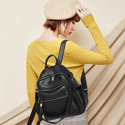 Wesccimo Genuine Leather Backpack Purse For Women Black Real Soft Leather Travel Convertible Shoulder Bag