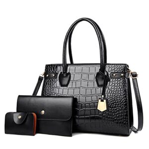 pu leather purses and handbags crossbody for women fashion crocodile pattern top handle satchel purse set 3pcs (black)