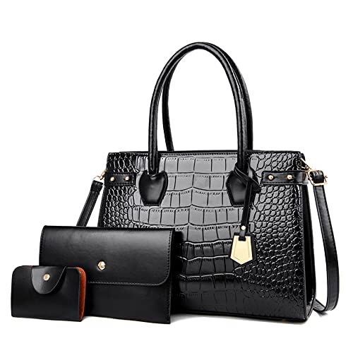 PU Leather Purses and Handbags Crossbody for Women Fashion Crocodile Pattern Top Handle Satchel Purse Set 3pcs (Black)