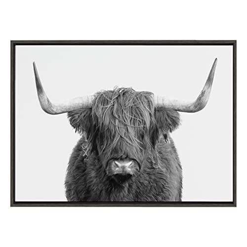 Kate and Laurel Sylvie B&W Highland Cow No. 1 Portrait Framed Canvas Wall Art By Amy Peterson Art Studio, 28x38 Gray, Rustic Farm Animal Art For Wall