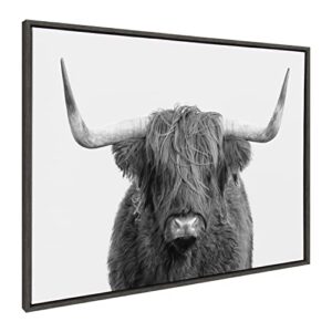 Kate and Laurel Sylvie B&W Highland Cow No. 1 Portrait Framed Canvas Wall Art By Amy Peterson Art Studio, 28x38 Gray, Rustic Farm Animal Art For Wall