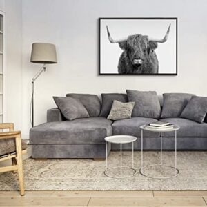 Kate and Laurel Sylvie B&W Highland Cow No. 1 Portrait Framed Canvas Wall Art By Amy Peterson Art Studio, 28x38 Gray, Rustic Farm Animal Art For Wall