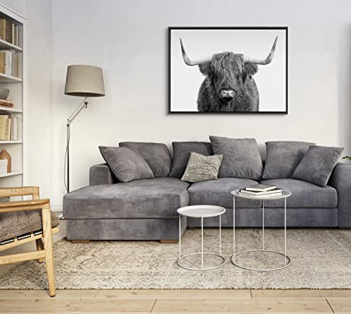 Kate and Laurel Sylvie B&W Highland Cow No. 1 Portrait Framed Canvas Wall Art By Amy Peterson Art Studio, 28x38 Gray, Rustic Farm Animal Art For Wall